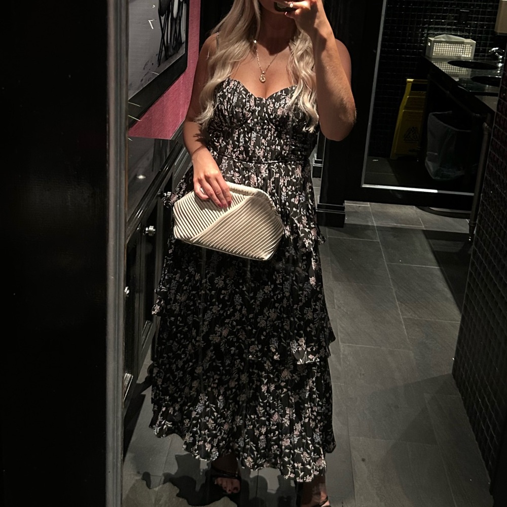 Lulu's Black Floral Tiered Midi Dress with Light Pink Blooms - Picture 3 of 3